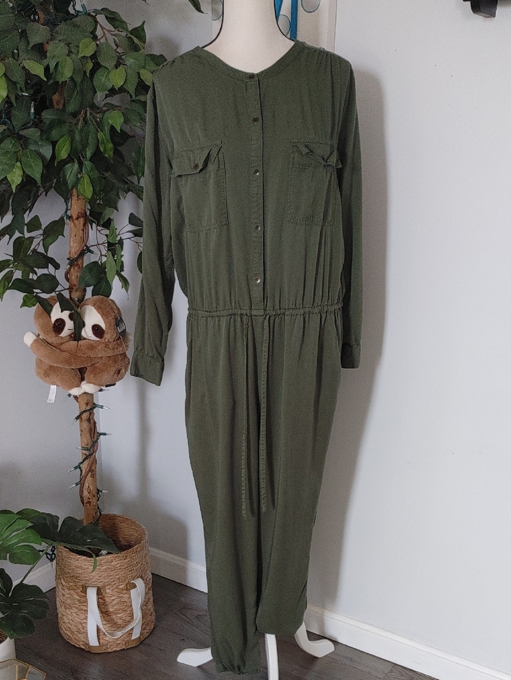 GAP Military Green Utility Button-Front Jumpsuit L